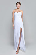 Sexy Side Slit Strapless White Ruching Chiffon Bridesmaid Dress
