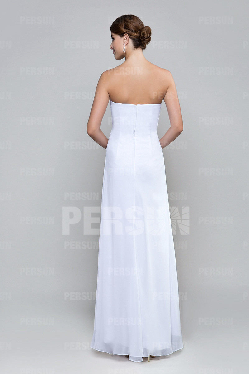 Sexy Side Slit Strapless White Ruching Chiffon Formal Bridesmaid Dress