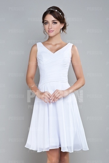 Simple V Neck Straps Short White Beading Bridesmaid Dress
