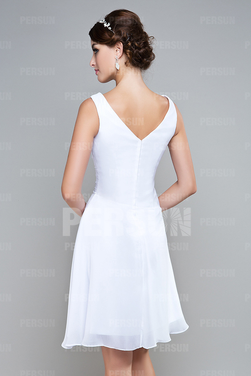 Simple V Neck Straps Short White Beading Formal Bridesmaid Dress