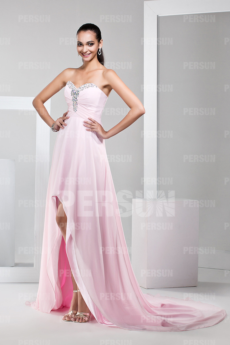 Gorgeous Beadings Strapless Pink Sweep Train Long Formal Dress