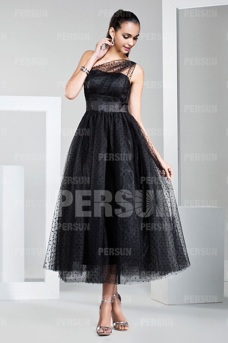 Tea length One Shoulder Polka dot Tulle Black Prom Dress