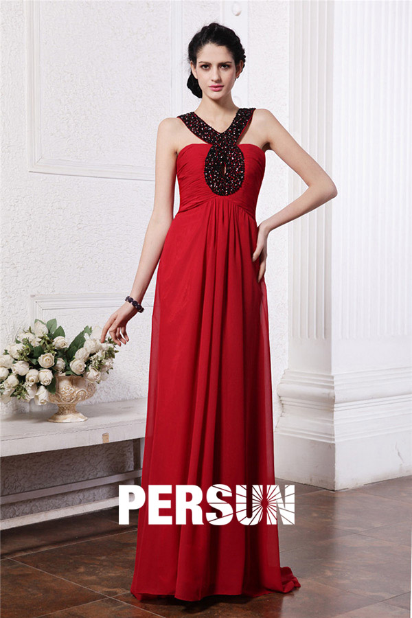 Modern Halter Red Ruching Beading Chiffon Floor Length Formal Bridesmaid Dress