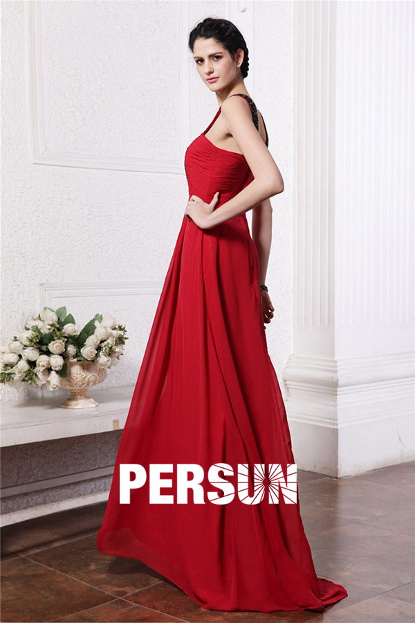 Modern Halter Red Ruching Beading Chiffon Floor Length Formal Bridesmaid Dress