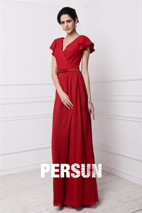 Modern V Neck Short Sleeves Chiffon Red Floor Length Formal Bridesmaid Dress