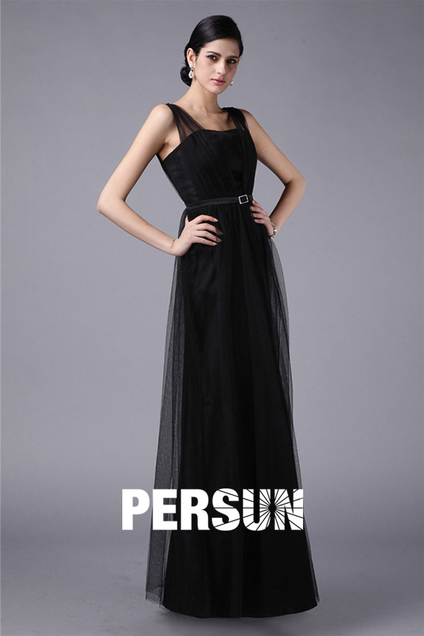 Elegant Strap Black Tulle Floor Length Formal Bridesmaid Dress