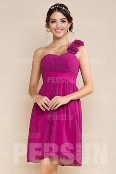 Chic Pink One Shoulder Ruffles Chiffon Short Formal Bridesmaid Dress