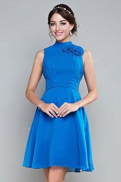 Unique High Neck Blue Chiffon Short Formal Bridesmaid Dress