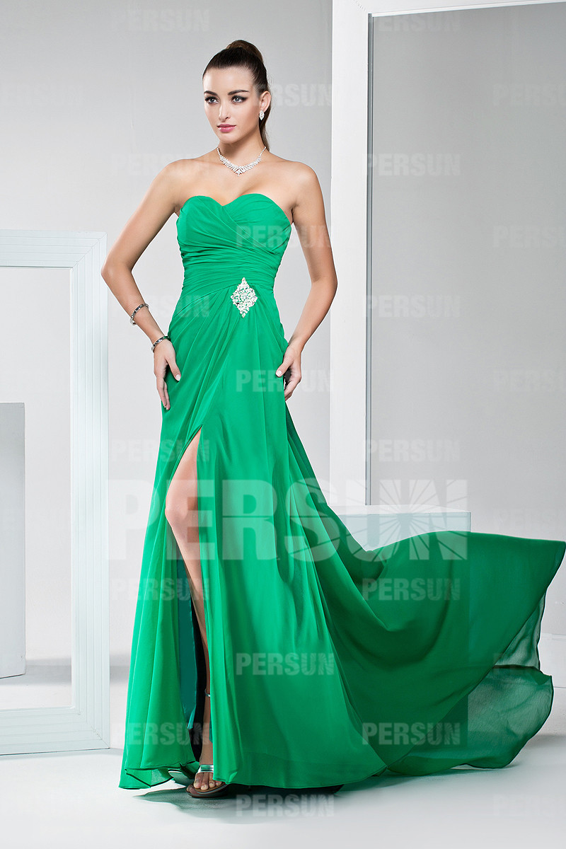 Sexy Strapless Side Slit Green Ruffles Floor Length Formal Dress