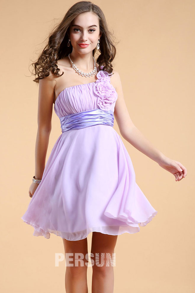 Simple One Shoulder Chiffon Empire Short Purple Formal Bridesmaid Dress