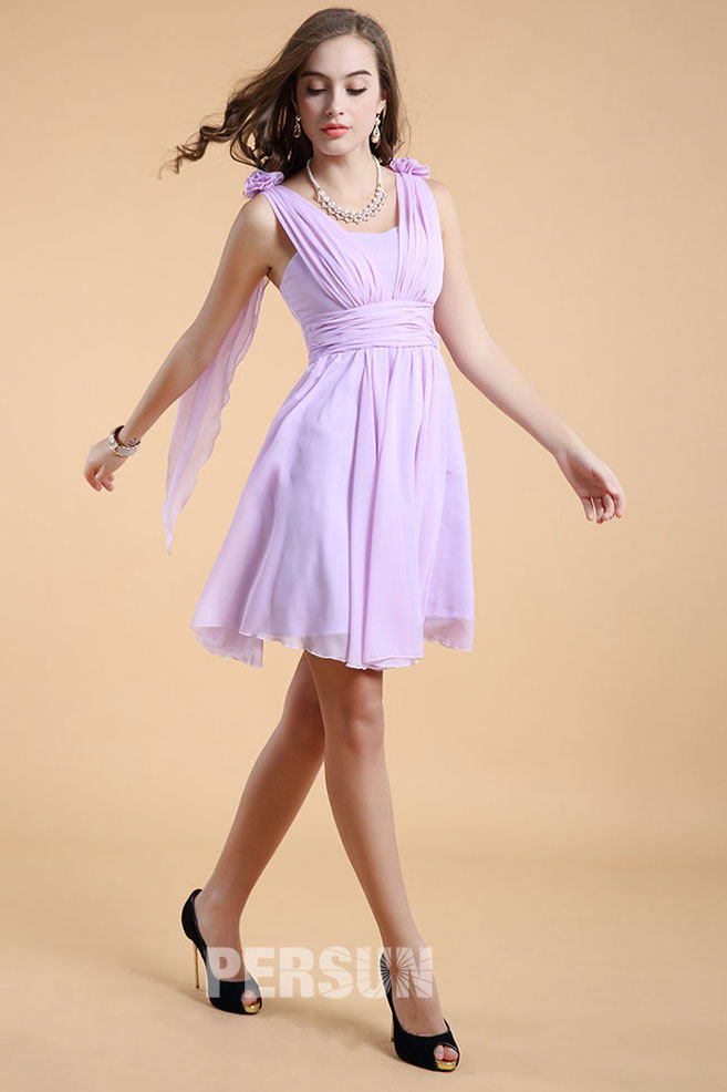 Chic Straps Chiffon Purple Short Formal Bridesmaid Dress