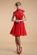 Chic Red A Line High Neck Flower Lace Knee Length Evening Dress