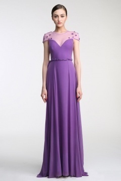 Sexy Scoop Flowes Short sleeves Purple Tulle Evening Formal dress