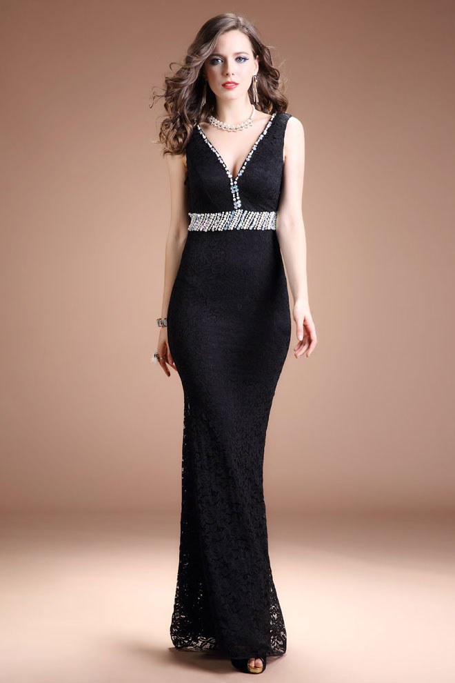 Sexy Black Mermaid Lace V Neck Empire Long Evening Dress