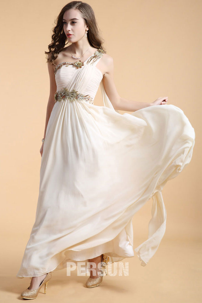 One shoulder Long Formal Dress in Chiffon with appliques waist