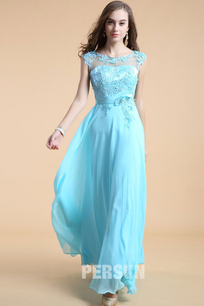 Blue tone Long Formal Dress with appliques bodice
