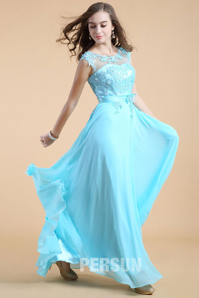Blue tone Long Formal Dress with appliques bodice