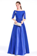 Princess Bateau Sweep Train Satin Tencel Prom / Evening Dress With Beading Bow Pleats