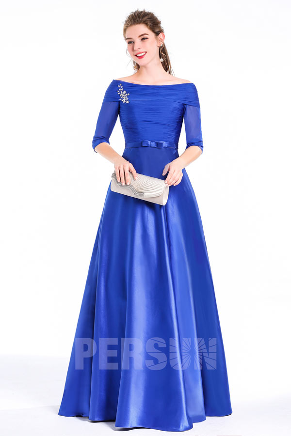 Princess Bateau Sweep Train Satin Tencel long blue roi Prom / Evening Dress With Beading Bow Pleats