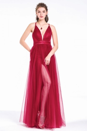 Sexy V-Neck Split Front  Burgundy Long Tulle Prom Ball Dress