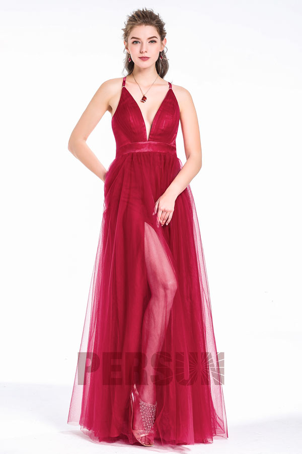 Sexy Plunge V-Neck Split Front Burgundy Long Tulle Prom Ball Dress