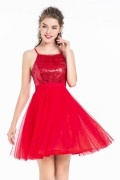  A-line Sexy Short Red Tulle Sequin Spaghetti Strap Cocktail Homecoming Dress 