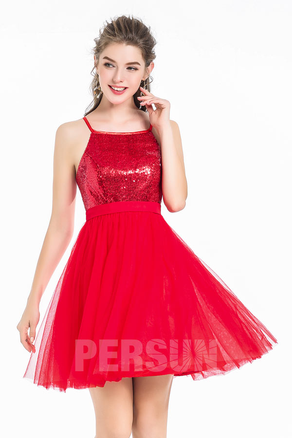 A-Line Sexy Short Red Tulle Sequin Spaghetti Strap Cocktail Homecoming Dress