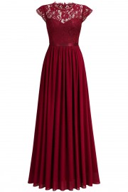 Long burgundy evening dress with lace top and cap sleeves