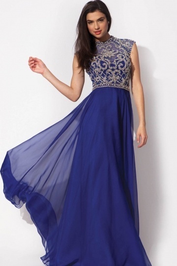 Beading Open Back Blue Chiffon Long Formal Dress Dressesmall