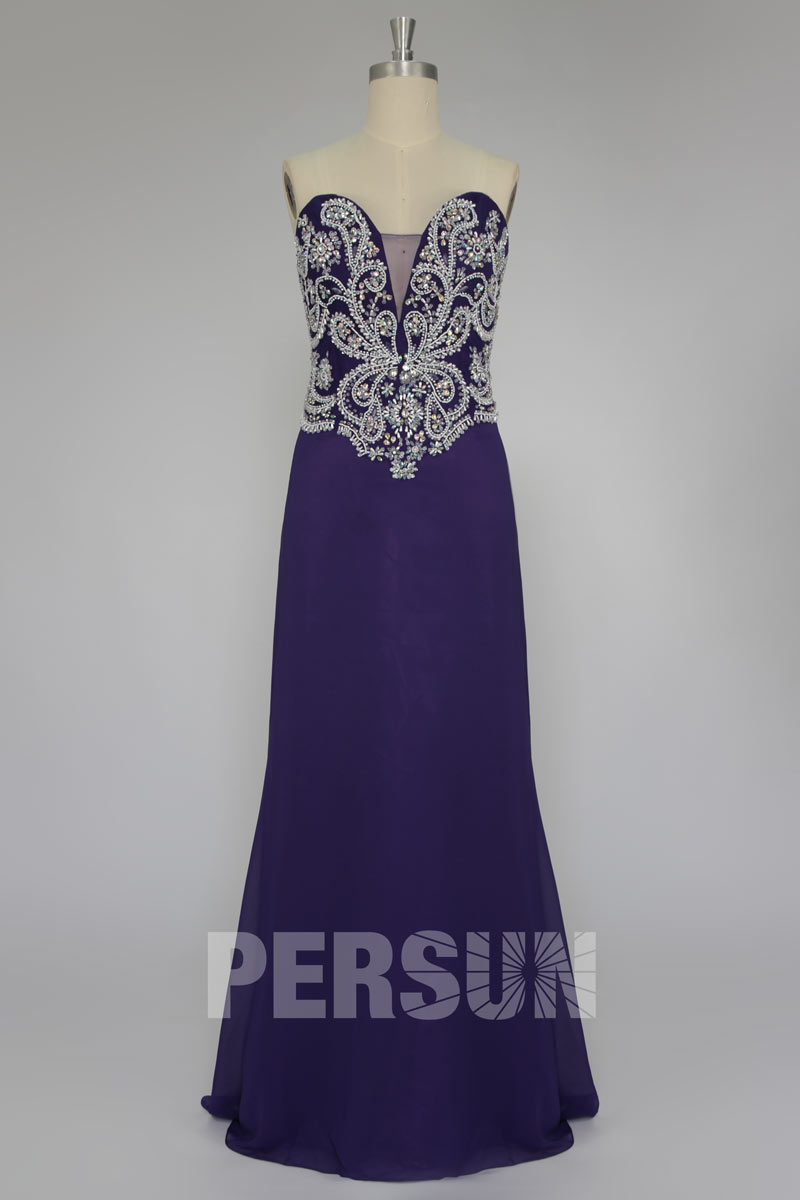 Vintage Beaded Bodice Strapless Purple Long Formal Dress