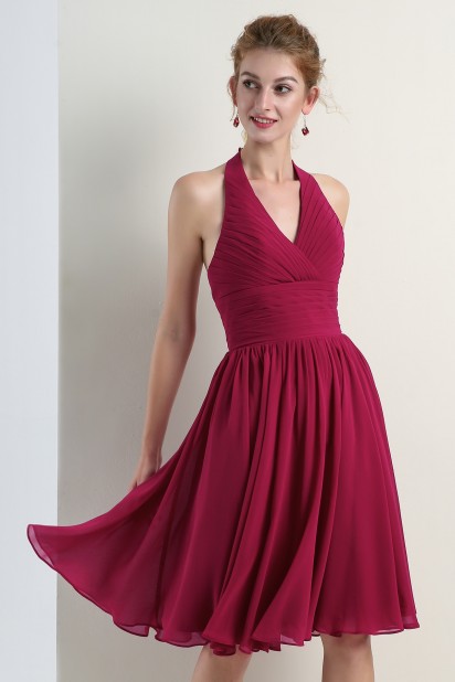 Simple petite robe rose fuchsia col halter empire pour cocktail mariage