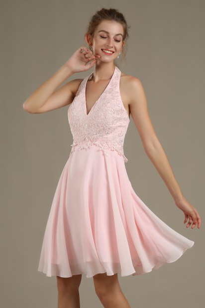 Pale pink halter short prom dress applied with lace for wedding cocktail