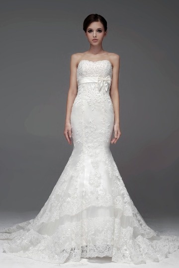 Amazing Organza Strapless Applique Lace Mermaid Wedding Dress