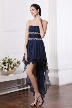 Blue Beading Pleated Strapless Chiffon A line Cocktail Dress