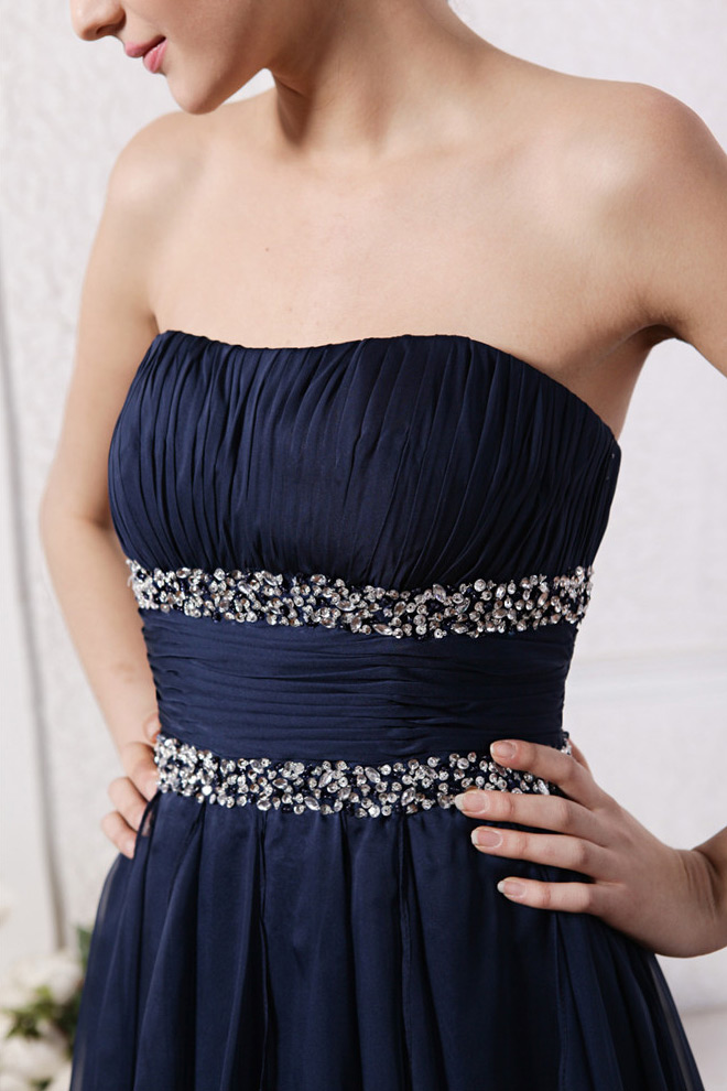Blue Beading Pleated Strapless Chiffon A line Cocktail Dress