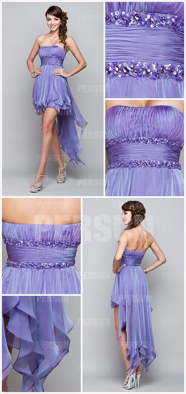  purple ruffle beading strapless tencel high low A line cocktail dress