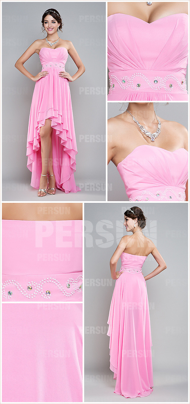  pink ruched beaded sweetheart chiffon A line high low cocktail dress
