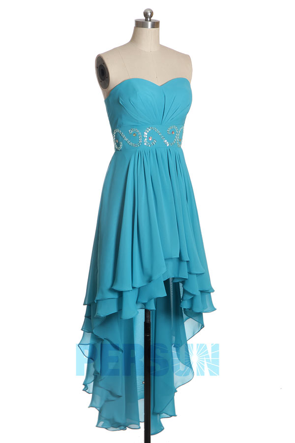 Ruched Beaded Sweetheart Chiffon A line High Low Cocktail Dress