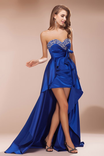 Sweetheart Beaded Bow High Low Satin Prom Dress