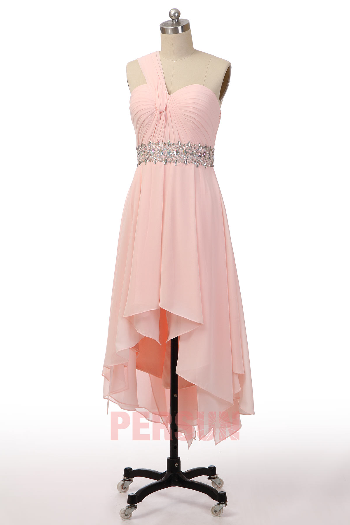 Ruched Beading One Shoulder Chiffon High Low Formal Dress
