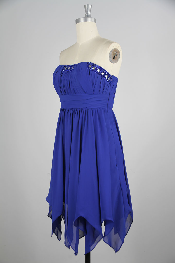 Sweet Ruching Pleats Strapless Chiffon A line Blue Cocktail Dress
