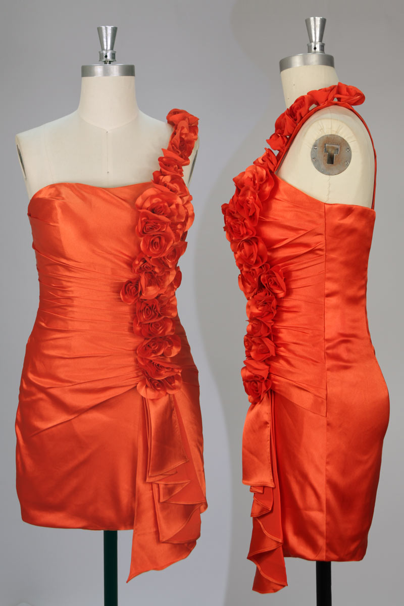 Sweet Flower One Shoulder Satin Column Orange Semi Formal Cocktail Dress