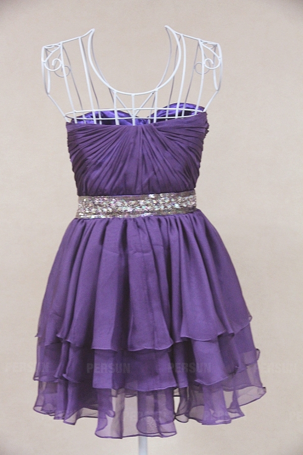 Sequined Ruffle Sweetheart Chiffon Purple A line Cocktail Dress