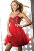 Chic One Shoulder Beading Ruched Tulle Short Red evening Gown UK