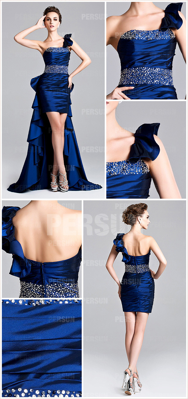  blue one shoulder beading short cocktail dress with sweep brush train