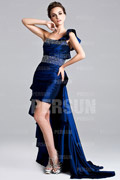 One Shoulder Beading Short Blue Cocktail Dress With Sweep Brush Train