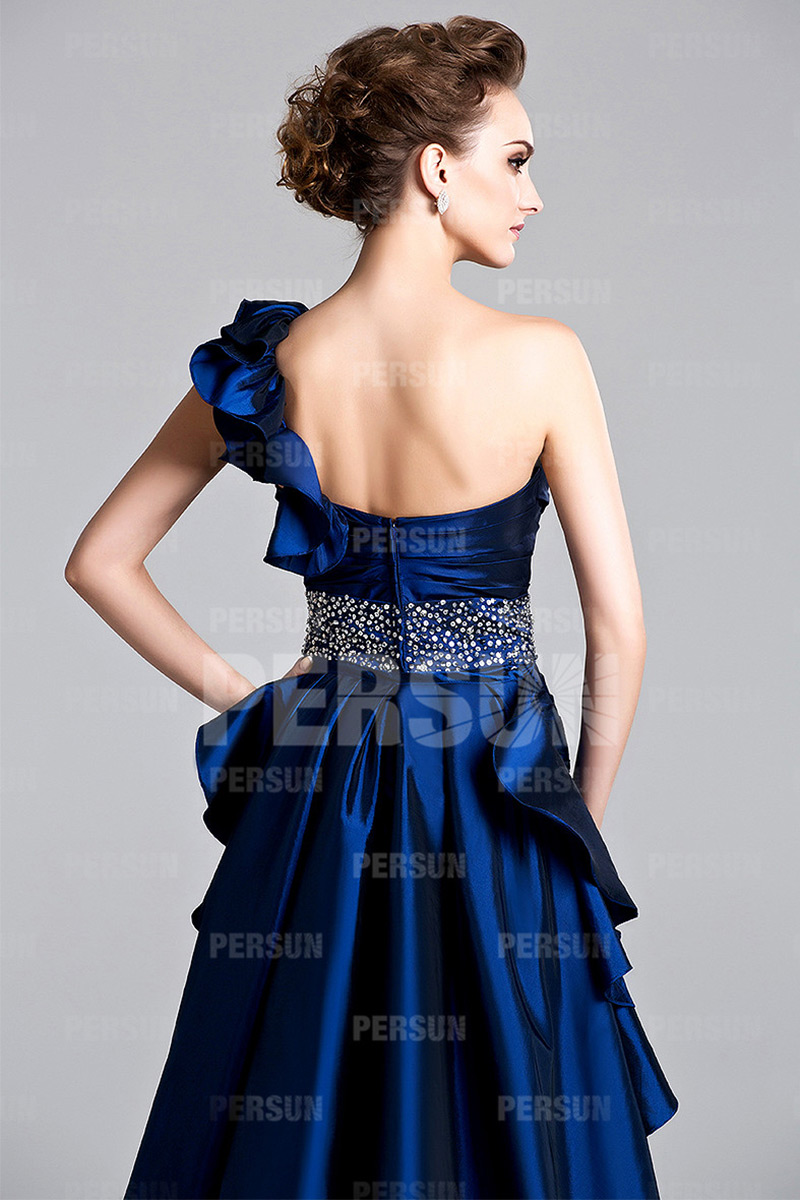 One Shoulder Beading Short Blue Cocktail Dress With Sweep Brush Train