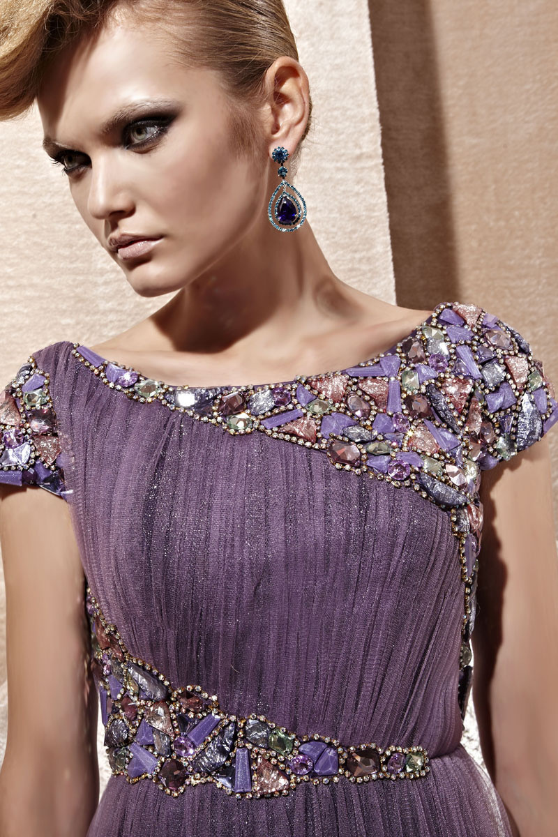 purple tulle a line strapless evening dress top