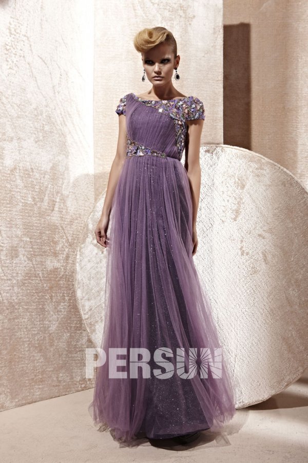 Ruched Draping Boat neck Tulle Purple A line Evening Dress