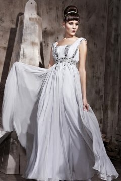 Vestido de Noche de Lyocell con Escote Cuadrado lentejuelas Volante Plisado Corte A